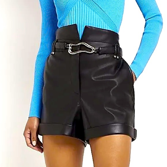 River Island Pants - NWT River Island Black PU Leather Belted High Waist Shorts (Size: US 10)